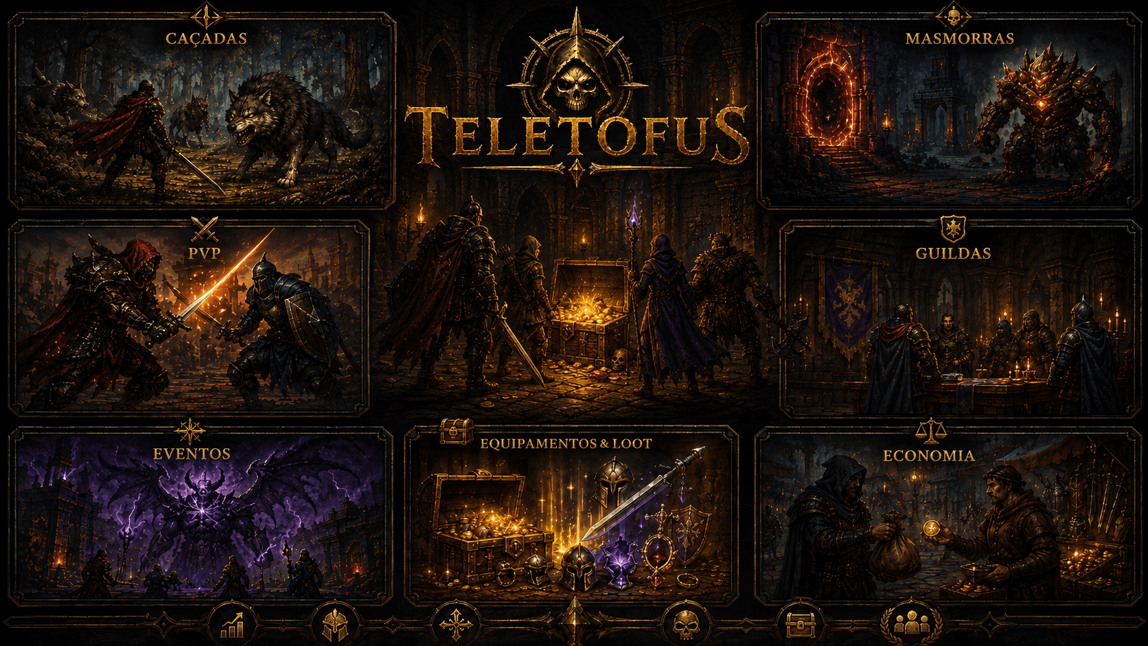 Principais sistemas de Teletofus, incluindo masmorras, PvP, guildas, eventos e loot
